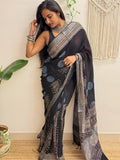 Silver Echo: Charcoal Black Ajrakh Handblock Printed Slub Cotton Saree