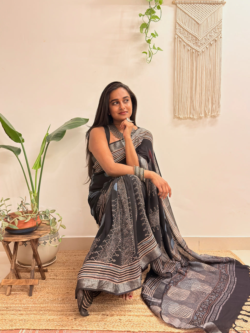 Silver Echo: Charcoal Black Ajrakh Handblock Printed Slub Cotton Saree