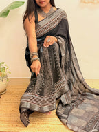 Silver Echo: Charcoal Black Ajrakh Handblock Printed Slub Cotton Saree