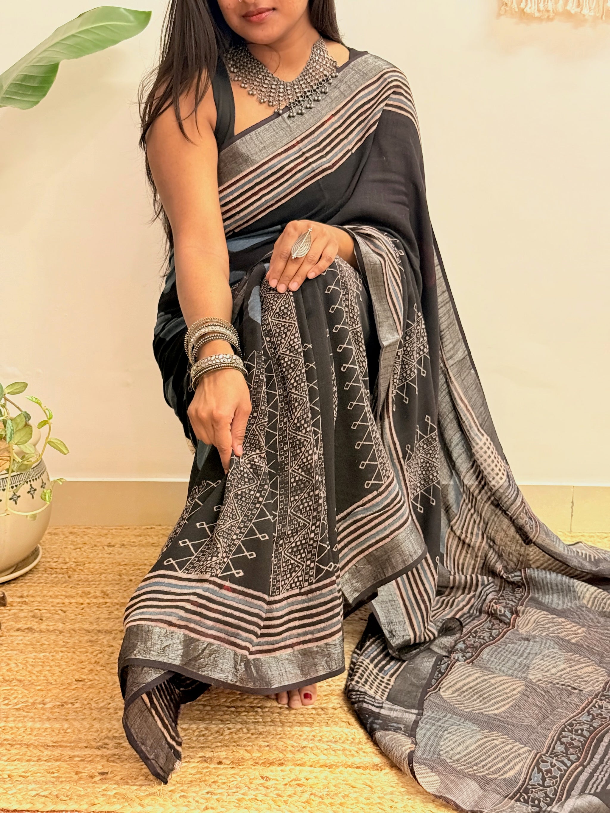 Silver Echo: Charcoal Black Ajrakh Handblock Printed Slub Cotton Saree