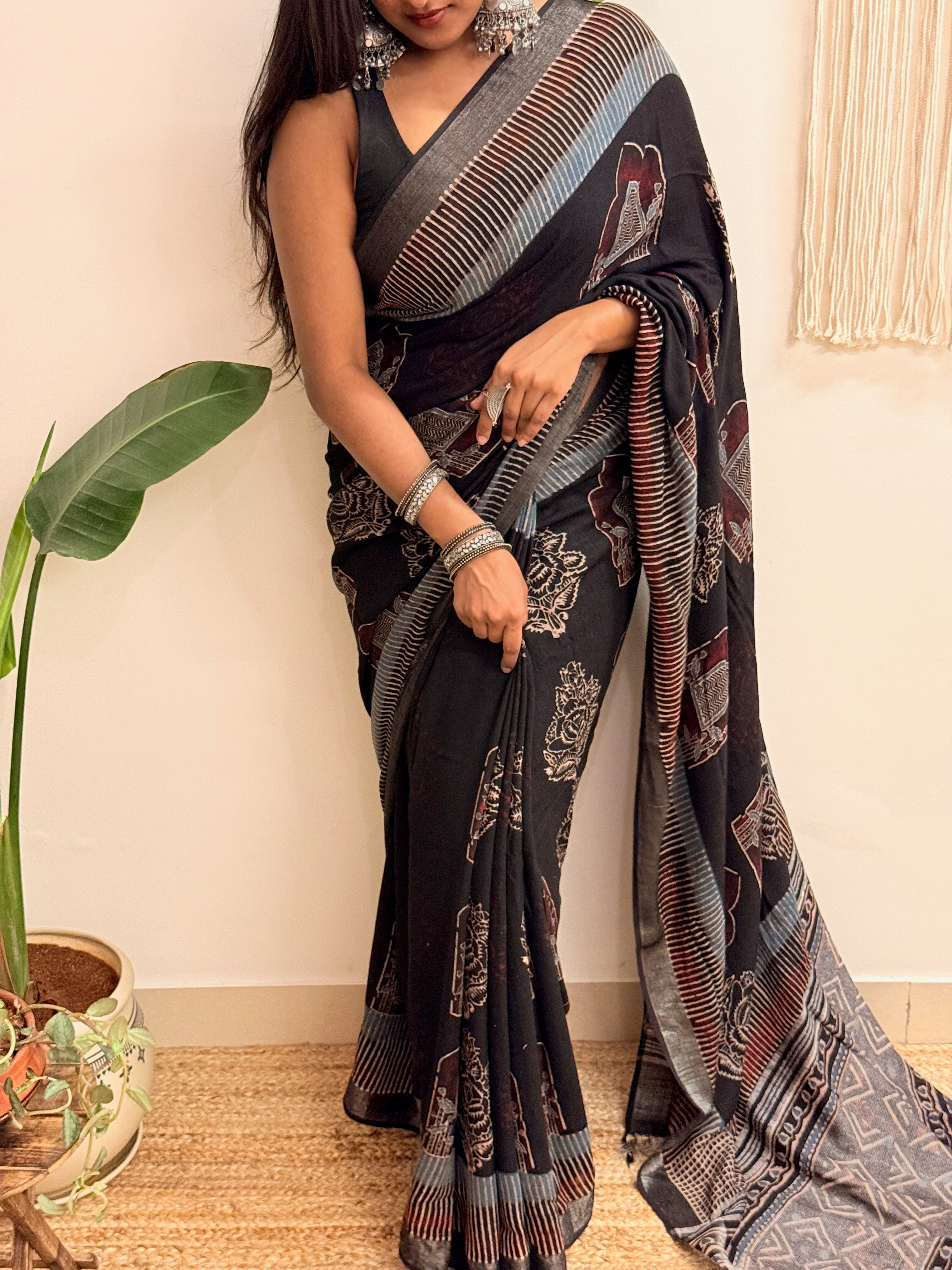 Midnight: Black Ajrakh Handblock Printed Slub Cotton Saree