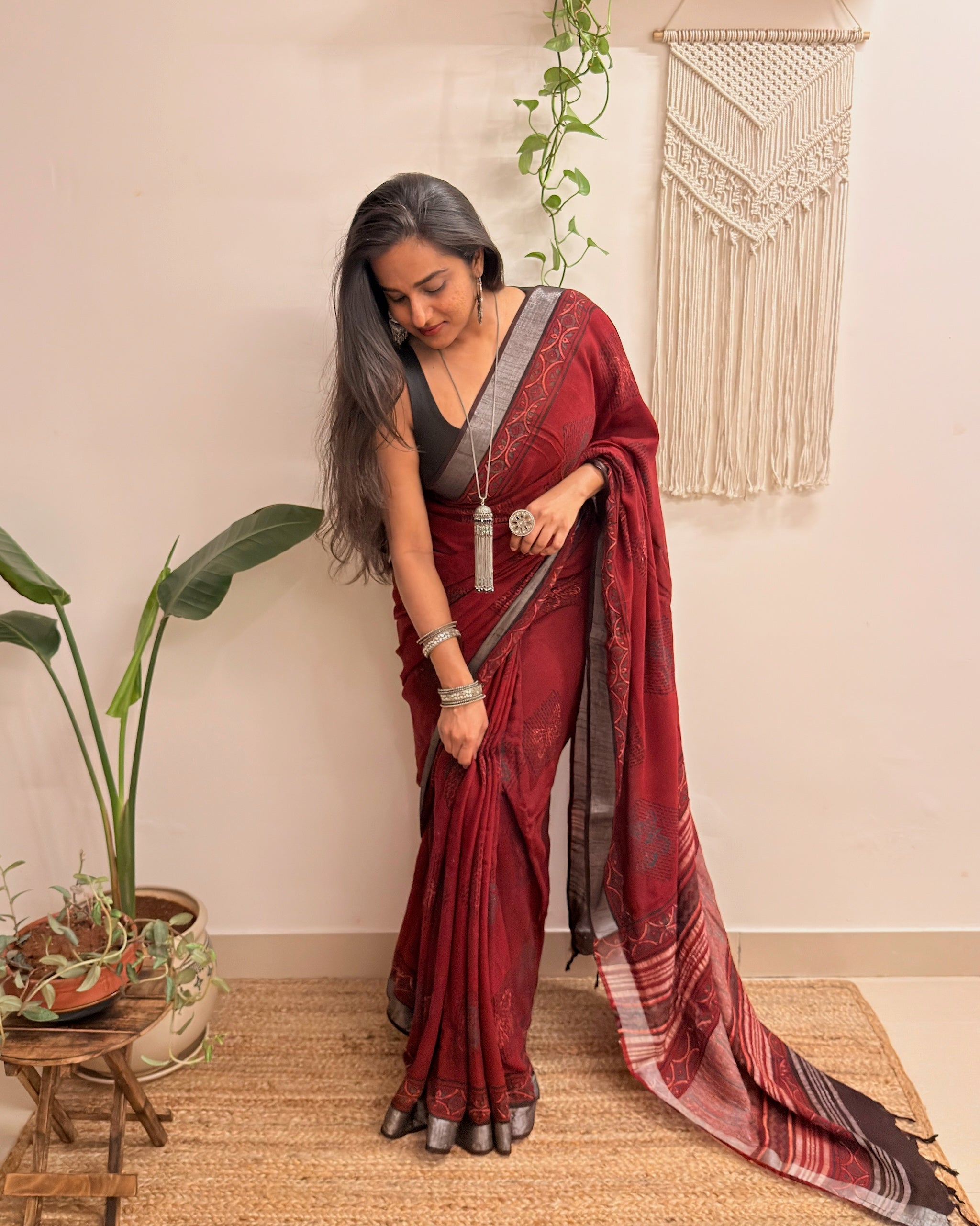 Slow Burn: Deep Maroon Ajrakh Handblock Printed Slub Cotton Saree