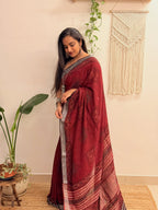 Slow Burn: Deep Maroon Ajrakh Handblock Printed Slub Cotton Saree