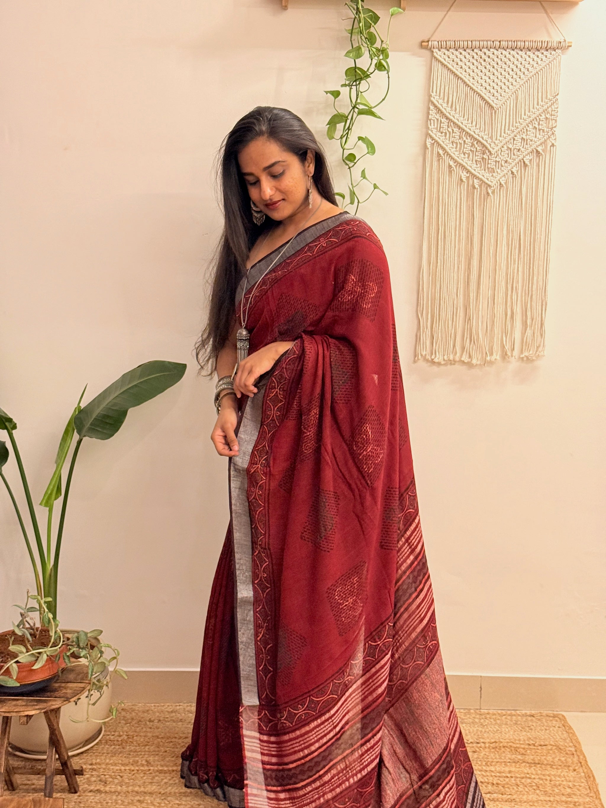 Slow Burn: Deep Maroon Ajrakh Handblock Printed Slub Cotton Saree