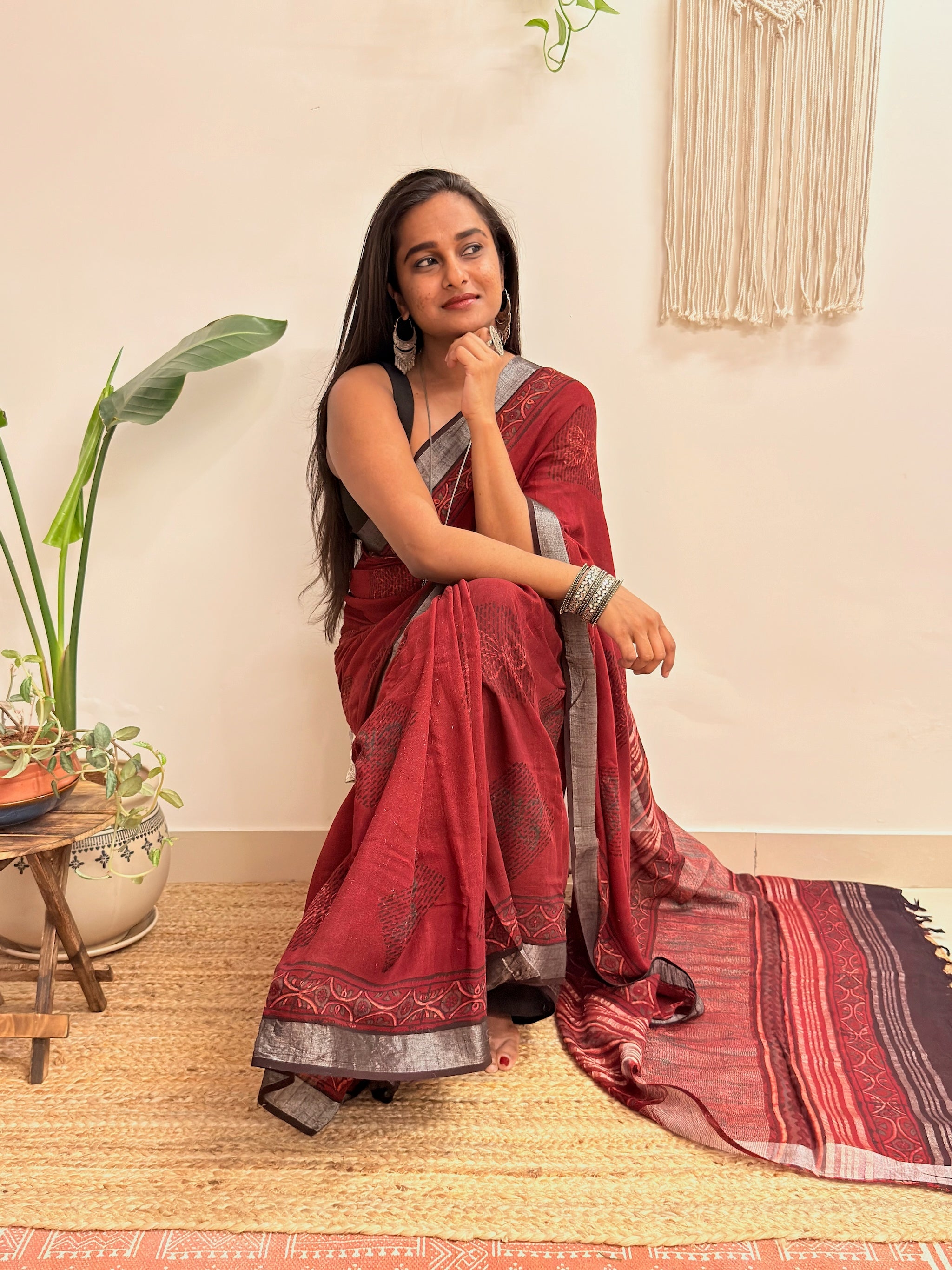 Slow Burn: Deep Maroon Ajrakh Handblock Printed Slub Cotton Saree