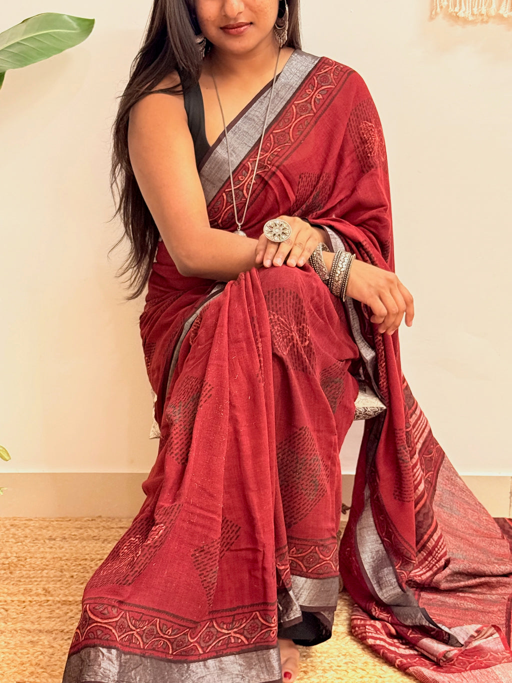 Slow Burn: Deep Maroon Ajrakh Handblock Printed Slub Cotton Saree