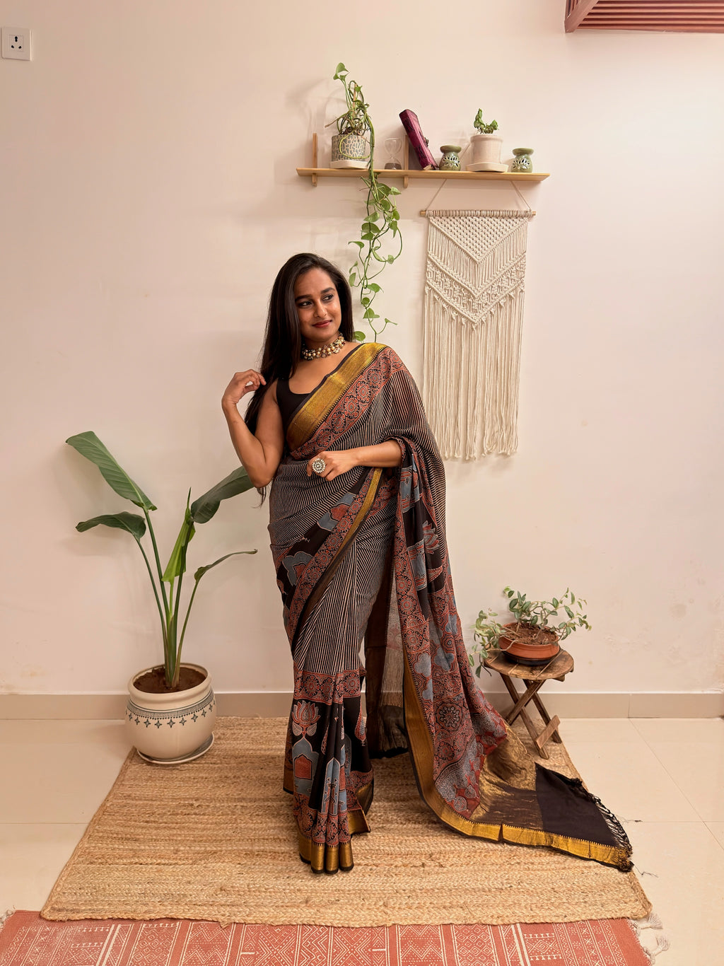 Adaa: Black Ajrakh Handblock Printed Mul Cotton Saree with Zari Border