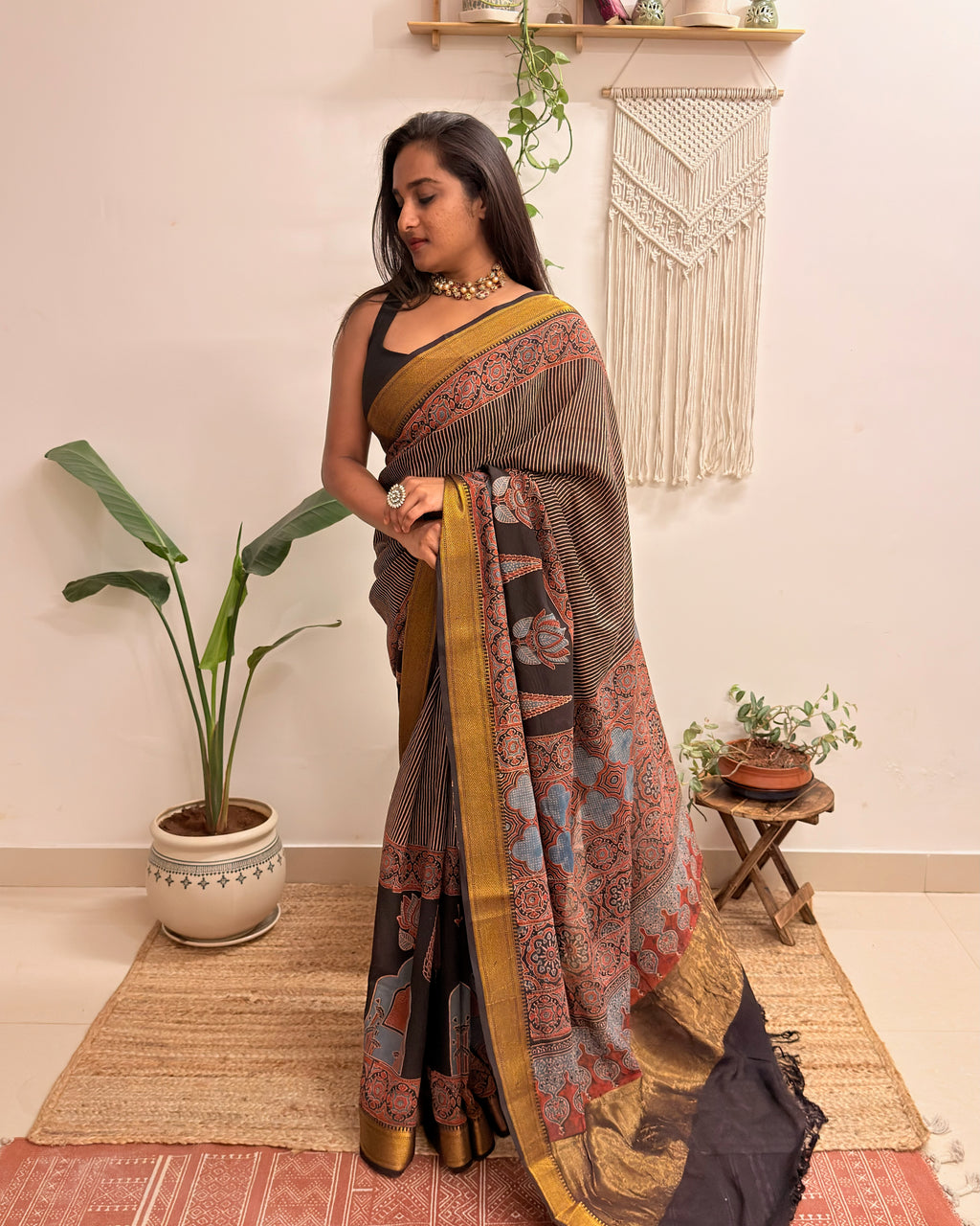 Adaa: Black Ajrakh Handblock Printed Mul Cotton Saree with Zari Border