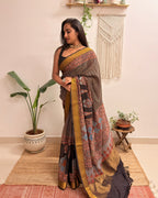 Adaa: Black Ajrakh Handblock Printed Mul Cotton Saree with Zari Border