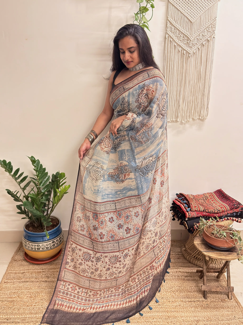 Rimjhim: Dusty Blue/ Beige Ajrakh Handblock Printed Kota Doria Saree