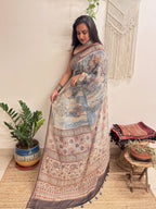 Rimjhim: Dusty Blue/ Beige Ajrakh Handblock Printed Kota Doria Saree