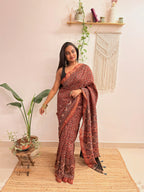 Autumn: Brick Red Ajrakh Handblock Printed Maheshwari Saree with Zari Border