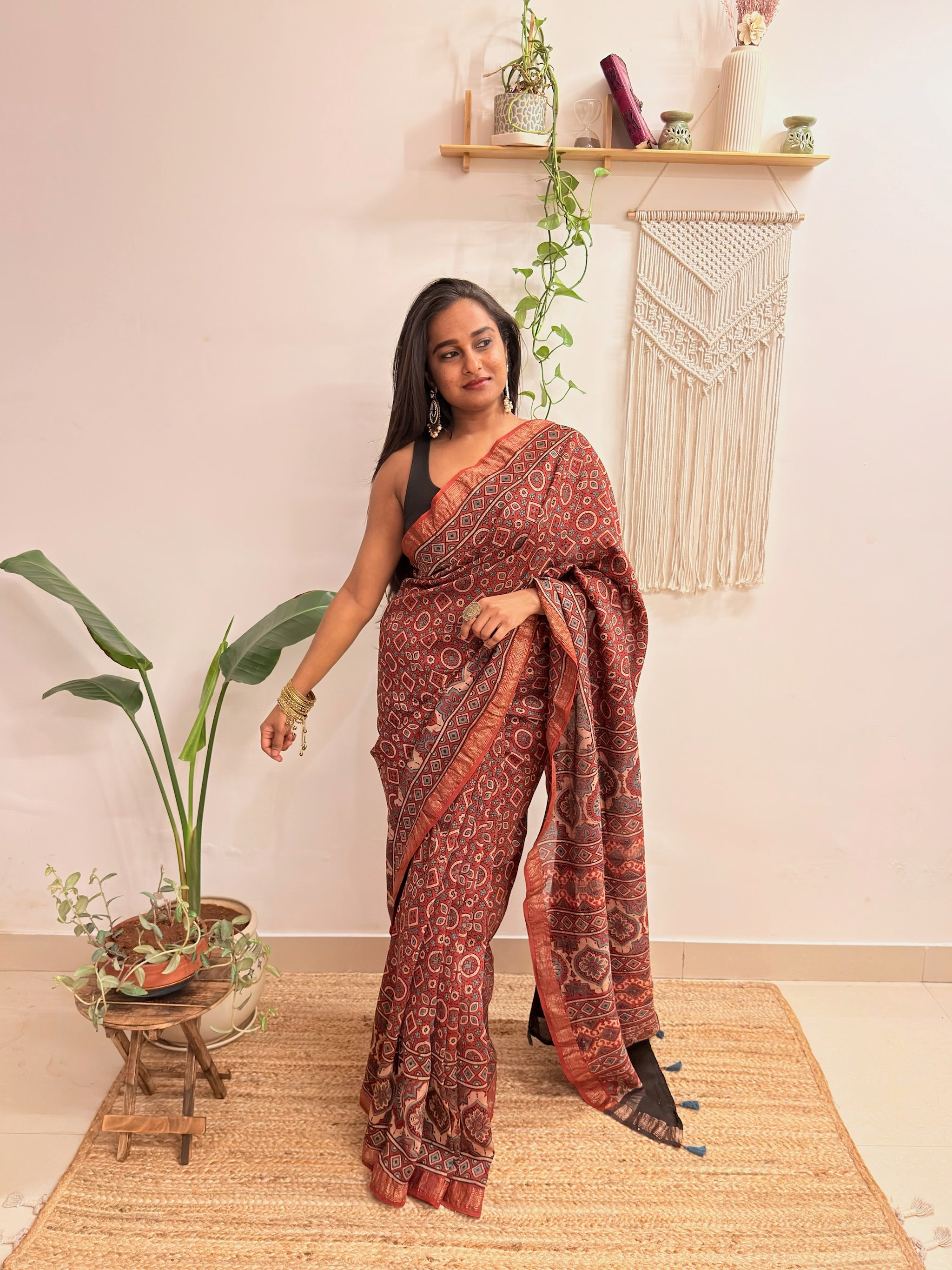 Autumn: Brick Red Ajrakh Handblock Printed Maheshwari Saree with Zari Border