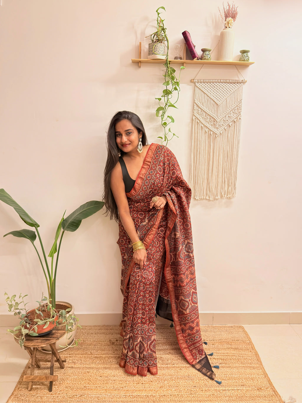Autumn: Brick Red Ajrakh Handblock Printed Maheshwari Saree with Zari Border