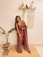 Autumn: Brick Red Ajrakh Handblock Printed Maheshwari Saree with Zari Border