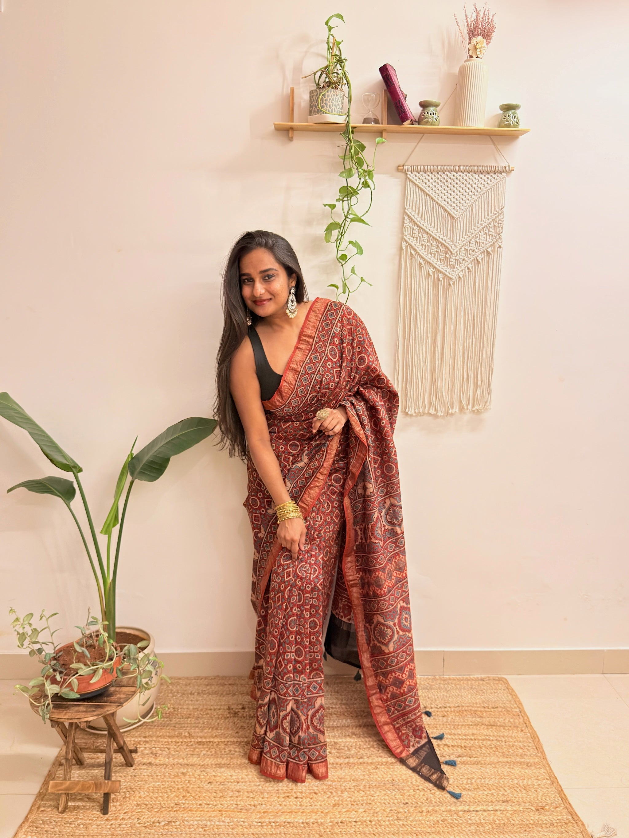 Autumn: Brick Red Ajrakh Handblock Printed Maheshwari Saree with Zari Border