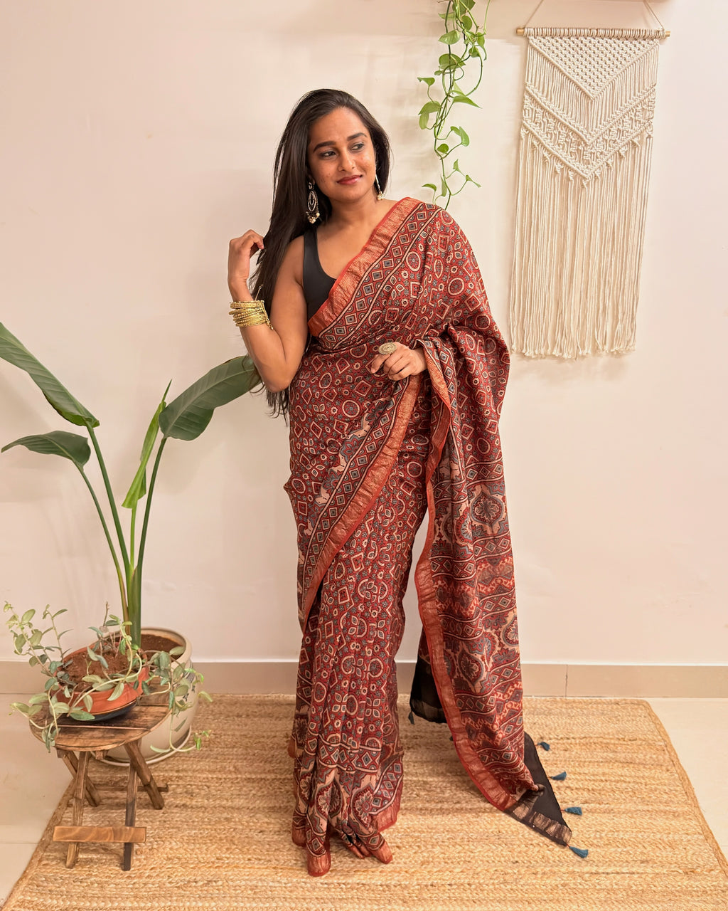 Autumn: Brick Red Ajrakh Handblock Printed Maheshwari Saree with Zari Border