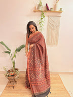 Autumn: Brick Red Ajrakh Handblock Printed Maheshwari Saree with Zari Border