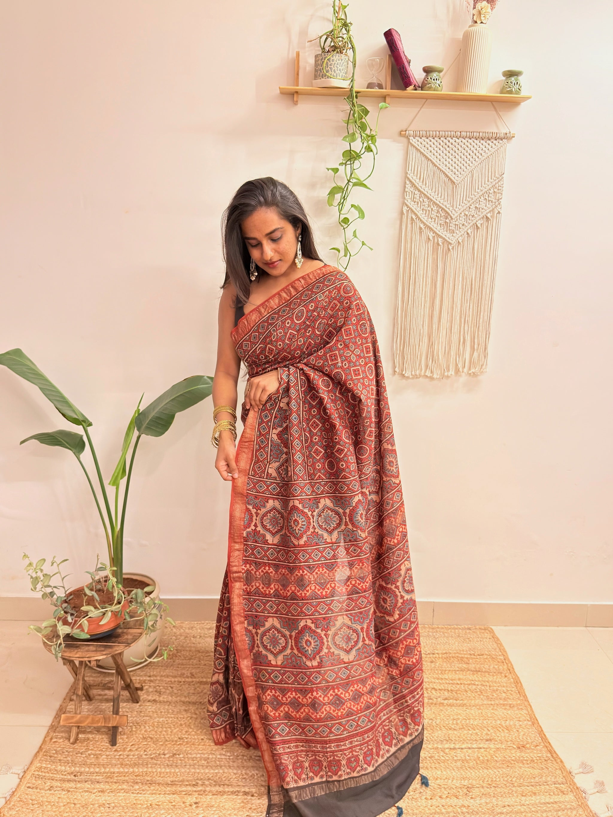 Autumn: Brick Red Ajrakh Handblock Printed Maheshwari Saree with Zari Border