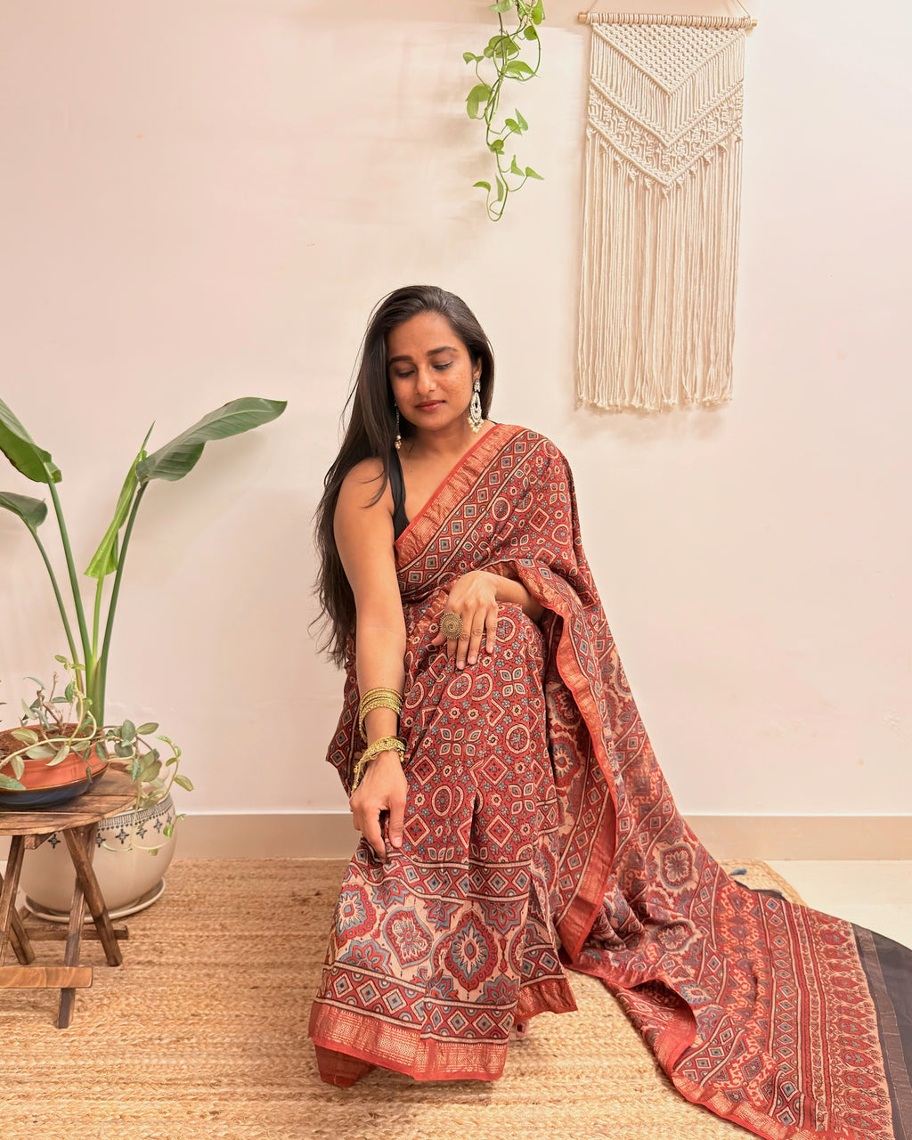 Autumn: Brick Red Ajrakh Handblock Printed Maheshwari Saree with Zari Border
