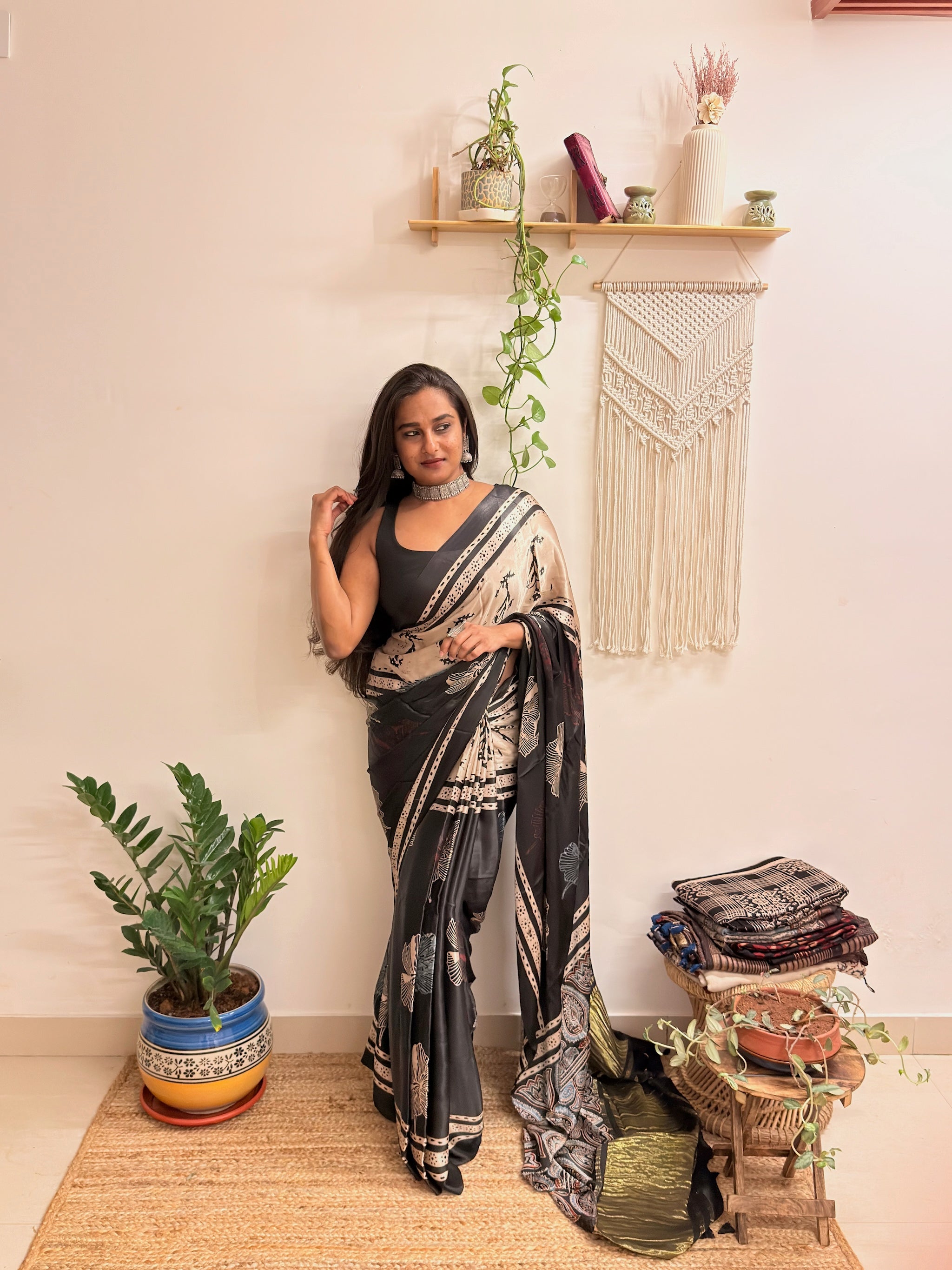 Meet me at Dusk: Charcoal Black Ajrakh Handblock Printed Modal Satin Saree with Tissue Pallu
