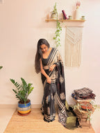 Meet me at Dusk: Charcoal Black Ajrakh Handblock Printed Modal Satin Saree with Tissue Pallu