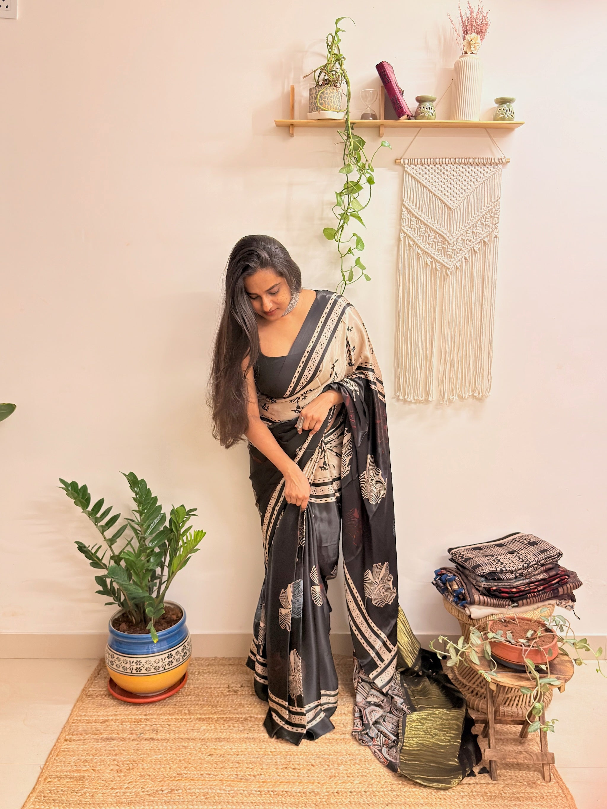 Meet me at Dusk: Charcoal Black Ajrakh Handblock Printed Modal Satin Saree with Tissue Pallu