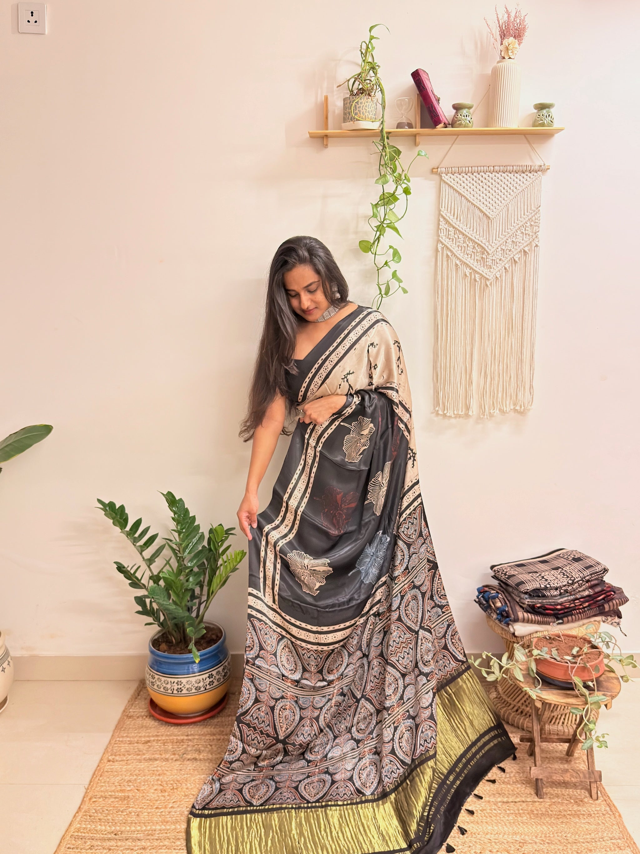Meet me at Dusk: Charcoal Black Ajrakh Handblock Printed Modal Satin Saree with Tissue Pallu