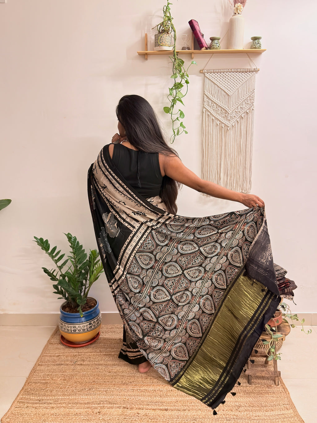 Meet me at Dusk: Charcoal Black Ajrakh Handblock Printed Modal Satin Saree with Tissue Pallu