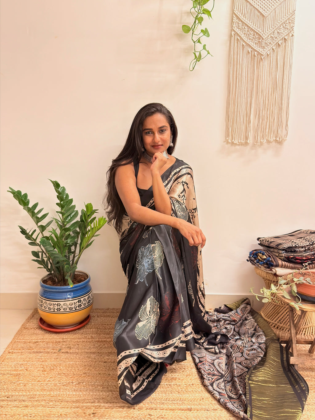 Meet me at Dusk: Charcoal Black Ajrakh Handblock Printed Modal Satin Saree with Tissue Pallu