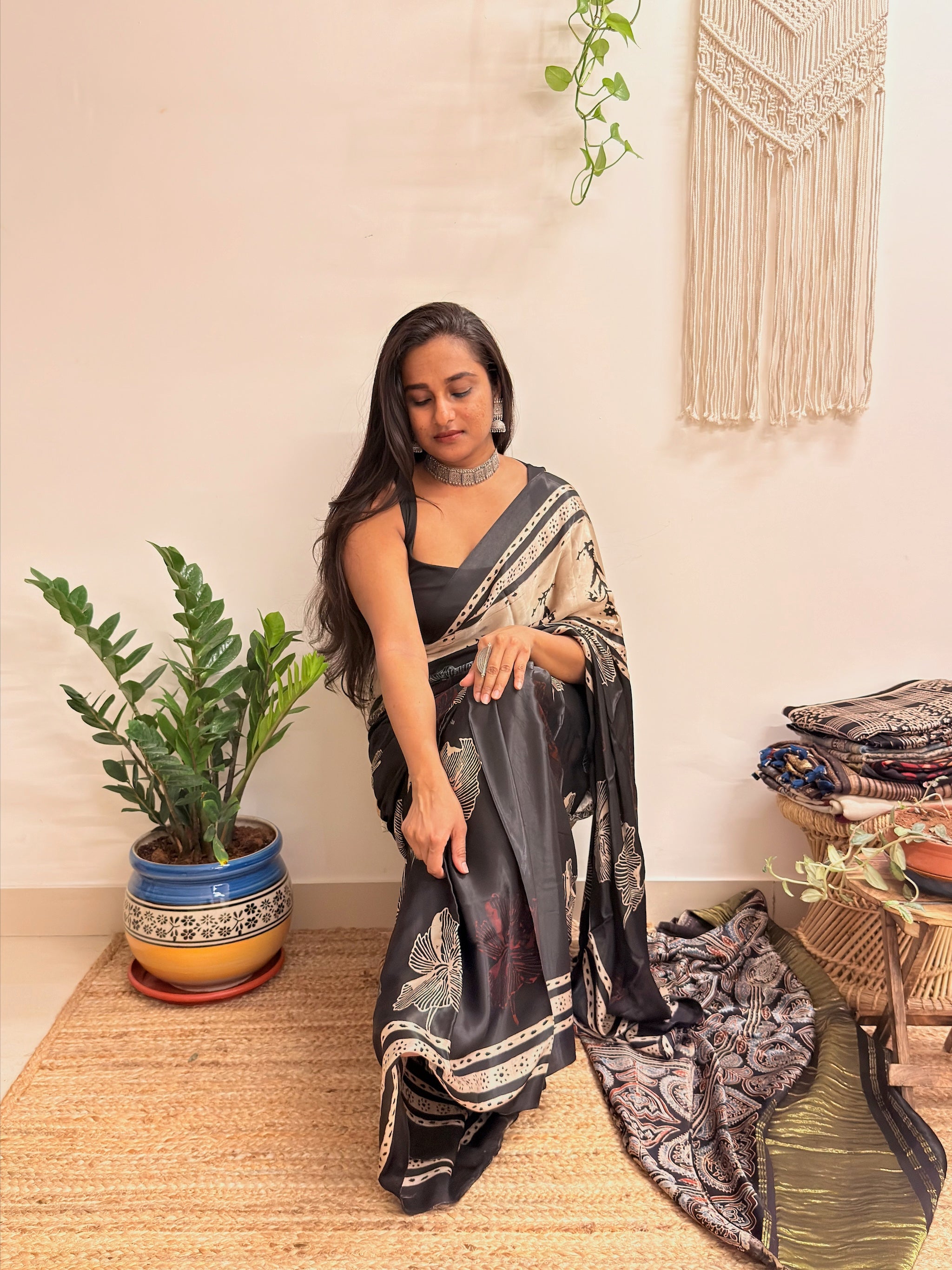 Meet me at Dusk: Charcoal Black Ajrakh Handblock Printed Modal Satin Saree with Tissue Pallu