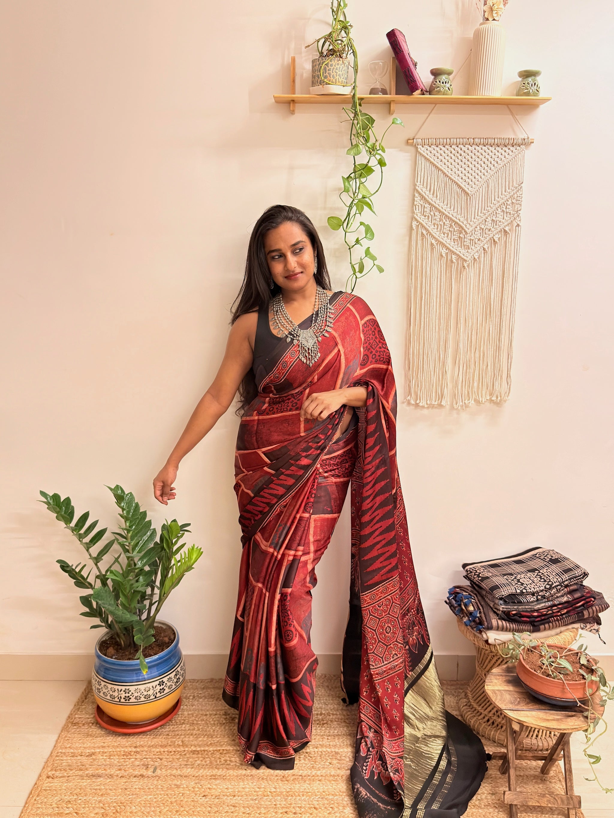 Jugnu: Deep Red and Black Ajrakh Handblock Printed Modal Saree with Tissue Pallu