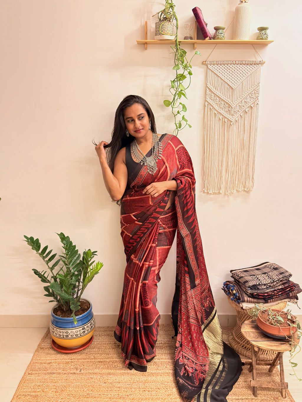 Jugnu: Deep Red and Black Ajrakh Handblock Printed Modal Saree with Tissue Pallu