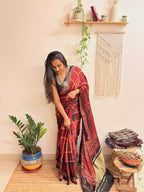 Jugnu: Deep Red and Black Ajrakh Handblock Printed Modal Saree with Tissue Pallu