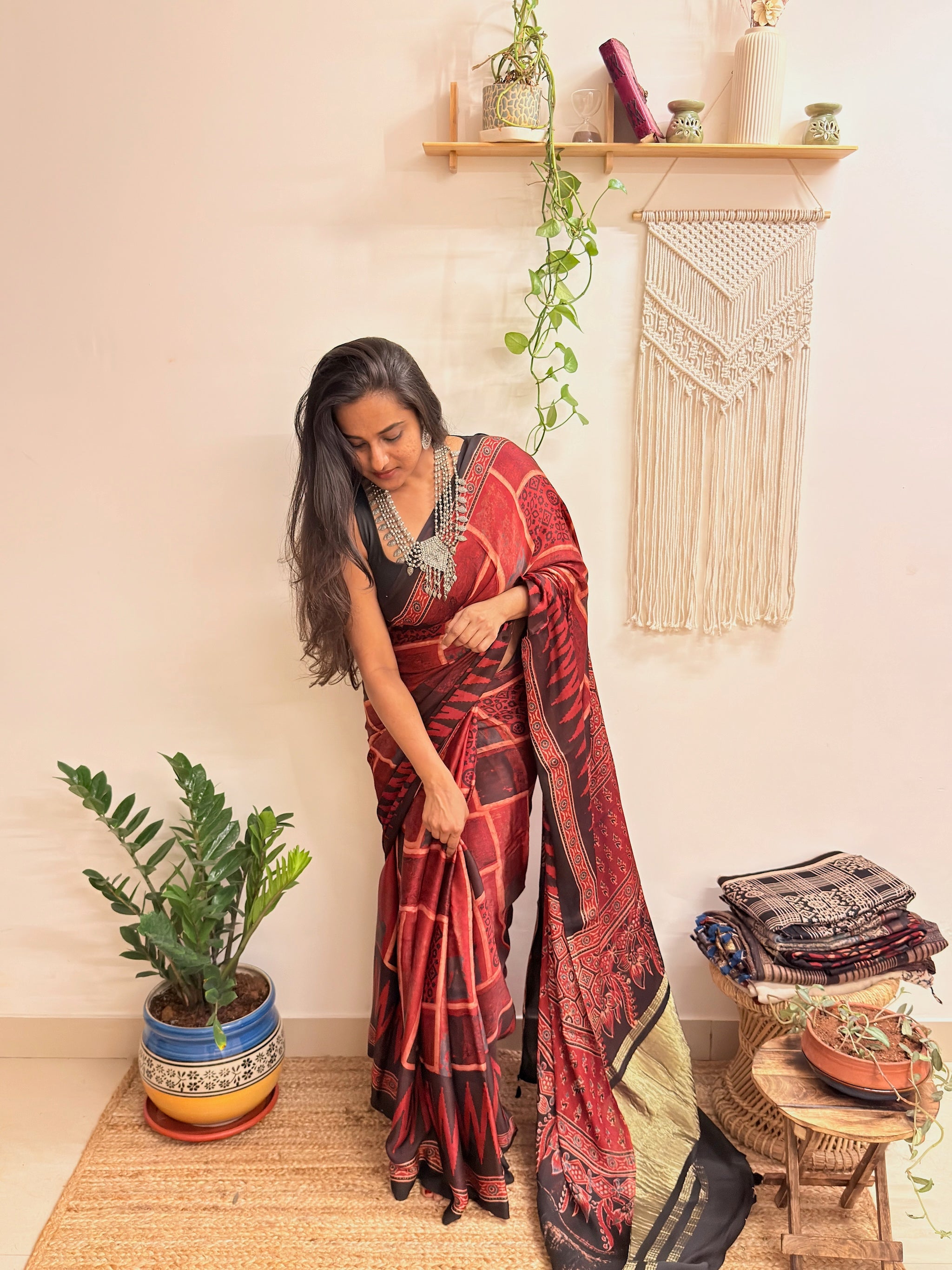 Jugnu: Deep Red and Black Ajrakh Handblock Printed Modal Saree with Tissue Pallu