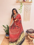 Jugnu: Deep Red and Black Ajrakh Handblock Printed Modal Saree with Tissue Pallu