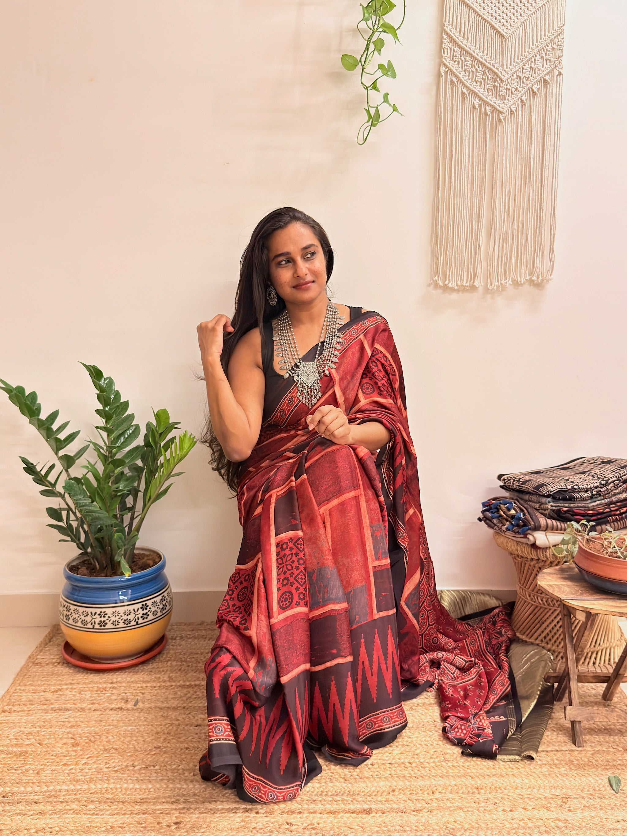 Jugnu: Deep Red and Black Ajrakh Handblock Printed Modal Saree with Tissue Pallu