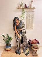 Naaz: Black and Cream Ajrakh Handblock Printed Modal Saree with Tissue Pallu