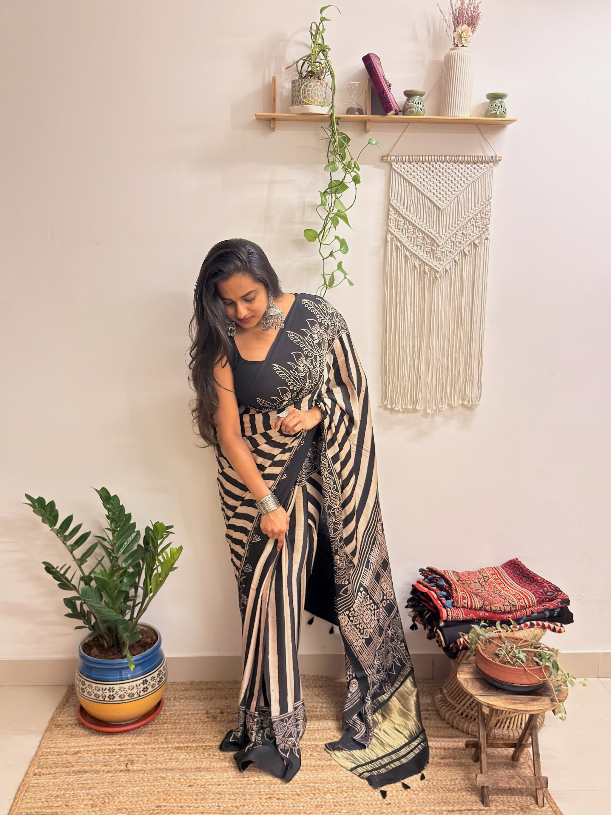 Naaz: Black and Cream Ajrakh Handblock Printed Modal Saree with Tissue Pallu