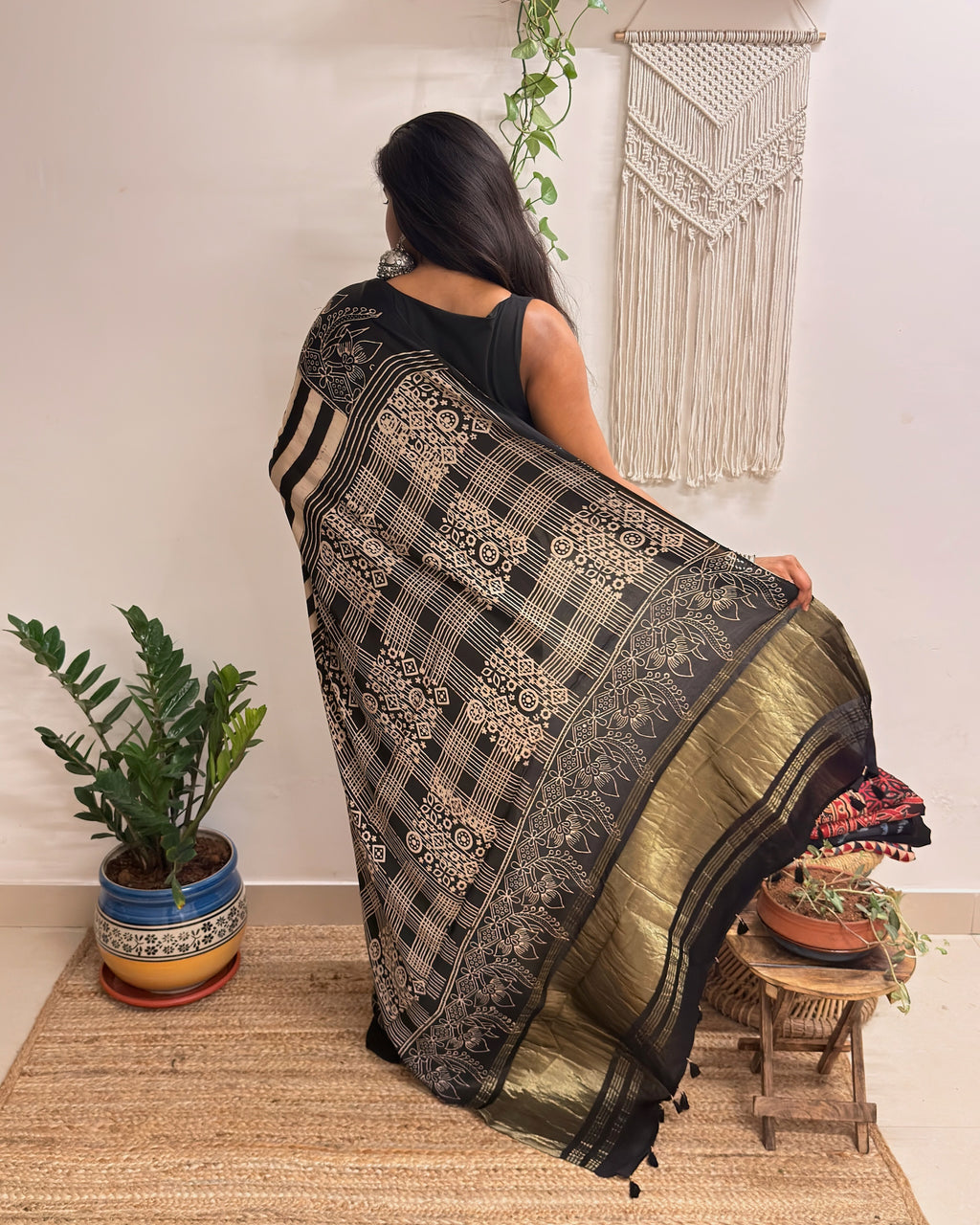 Naaz: Black and Cream Ajrakh Handblock Printed Modal Saree with Tissue Pallu