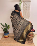 Naaz: Black and Cream Ajrakh Handblock Printed Modal Saree with Tissue Pallu