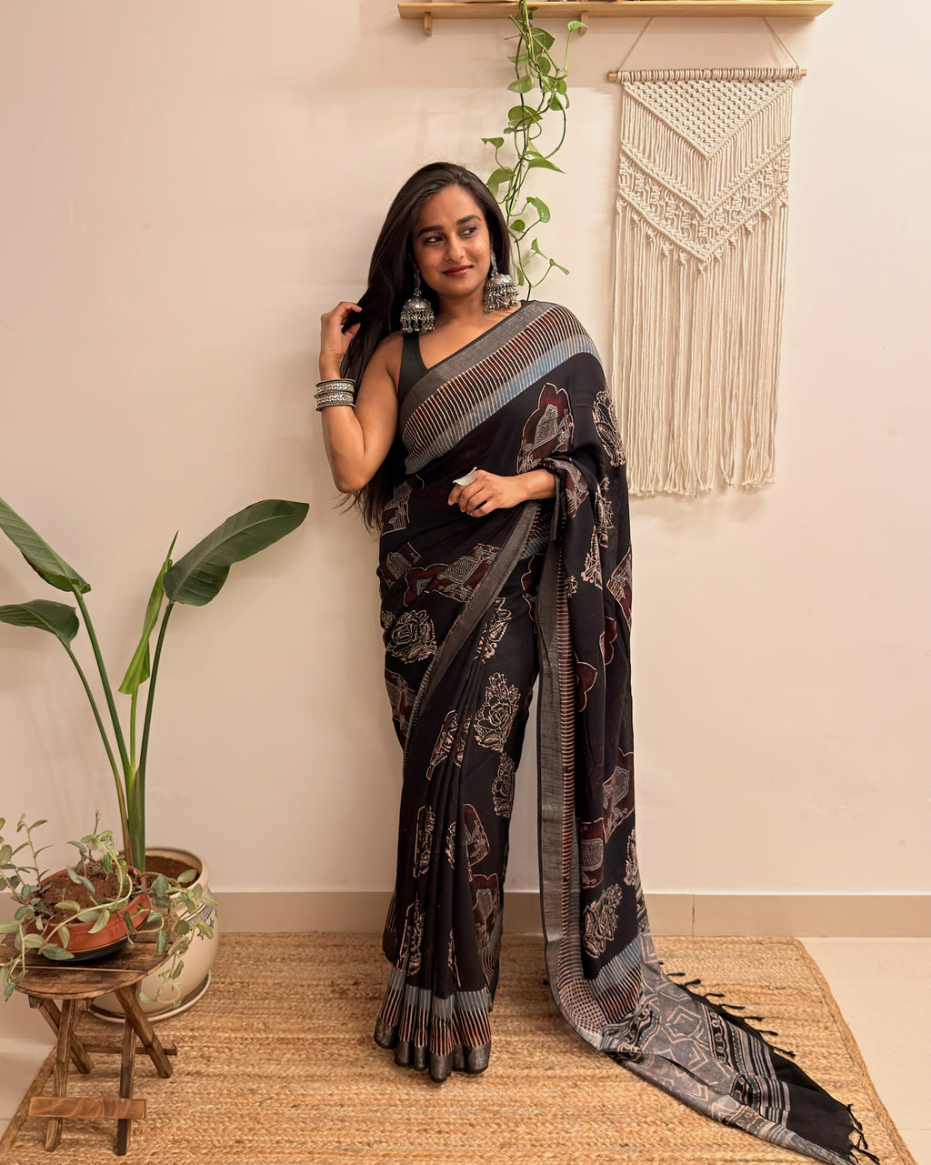 Midnight: Black Ajrakh Handblock Printed Slub Cotton Saree