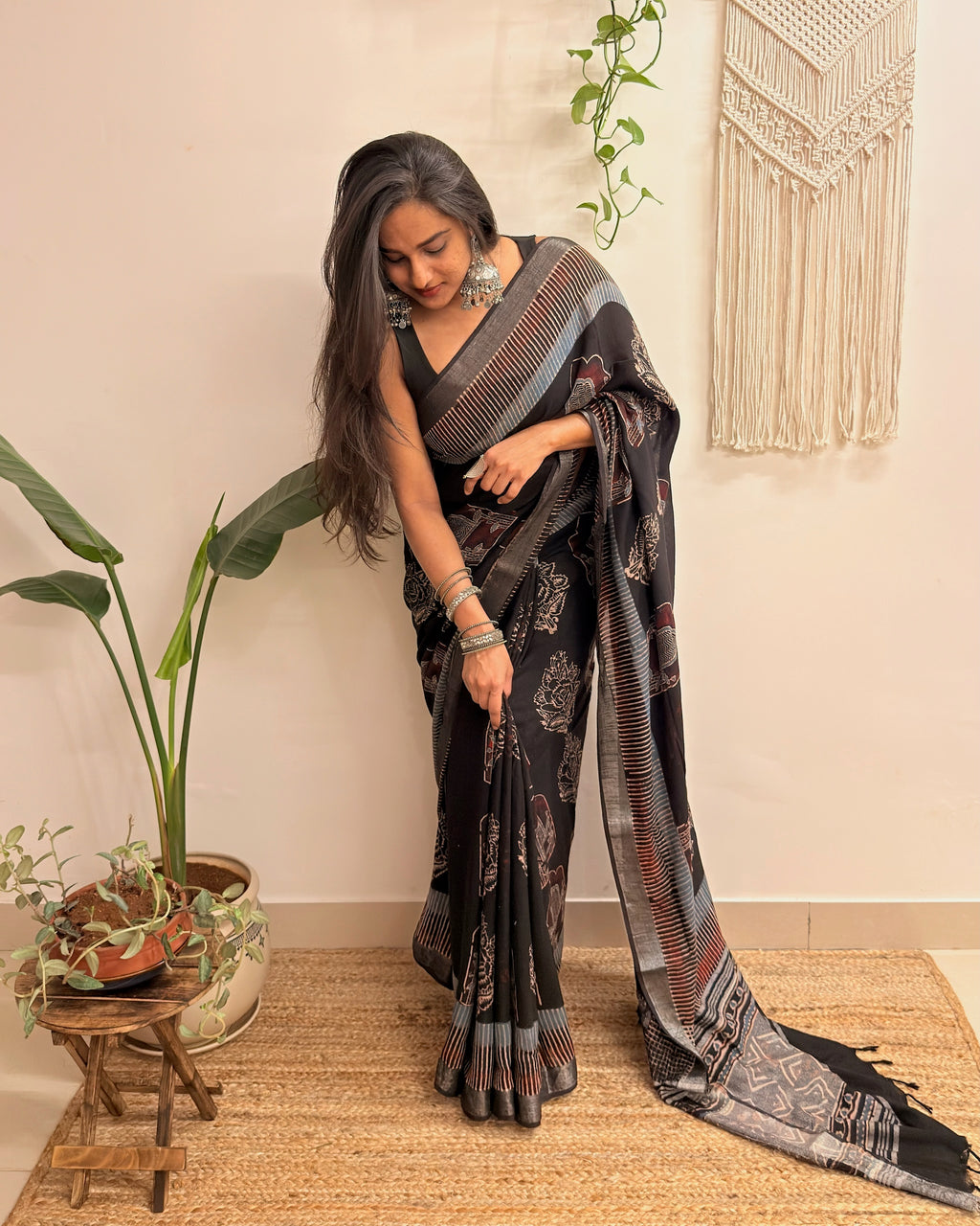Midnight: Black Ajrakh Handblock Printed Slub Cotton Saree