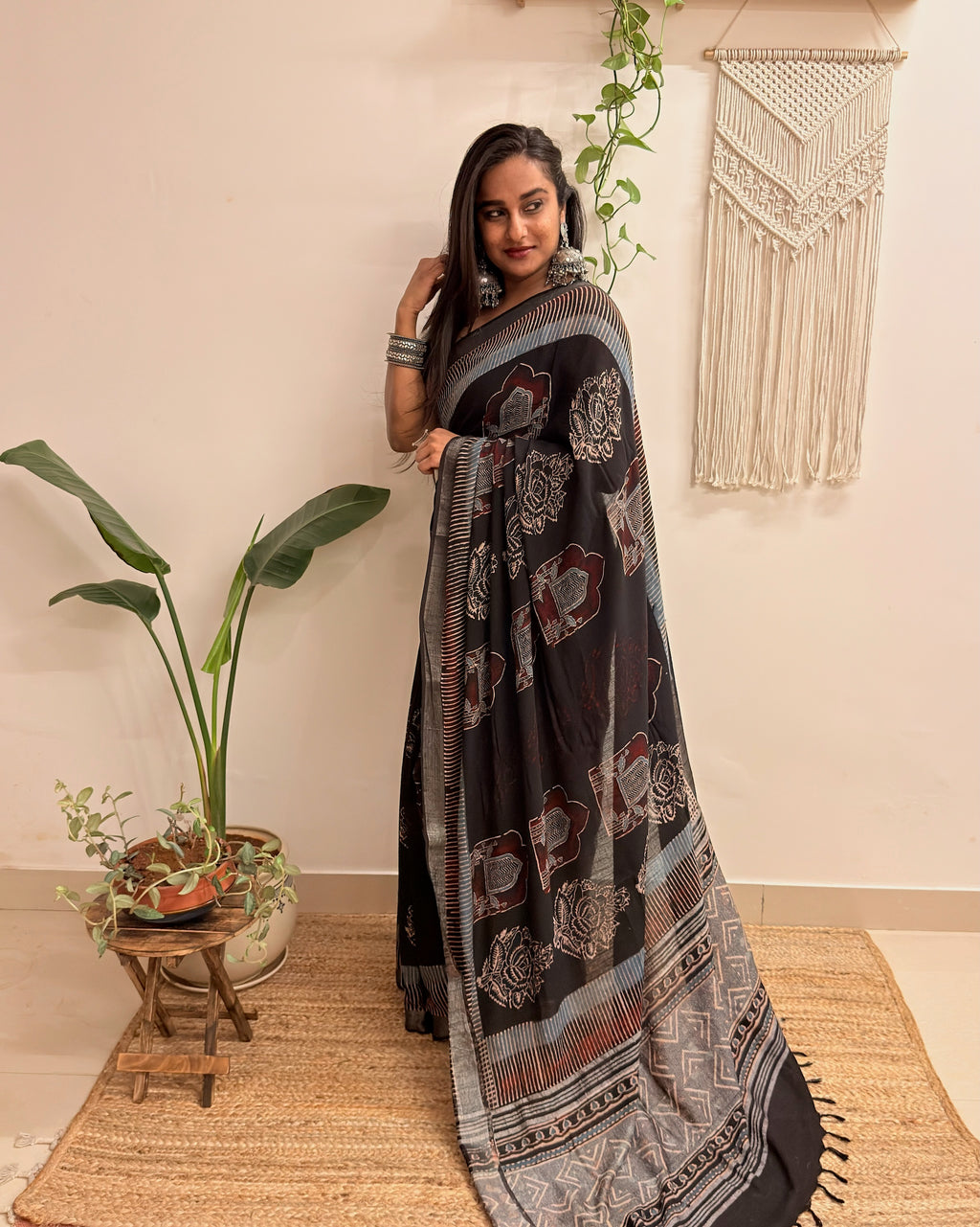 Midnight: Black Ajrakh Handblock Printed Slub Cotton Saree