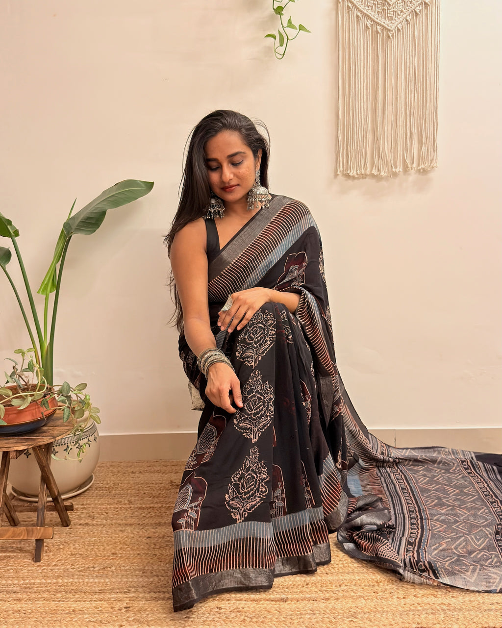 Midnight: Black Ajrakh Handblock Printed Slub Cotton Saree