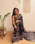 Midnight: Black Ajrakh Handblock Printed Slub Cotton Saree