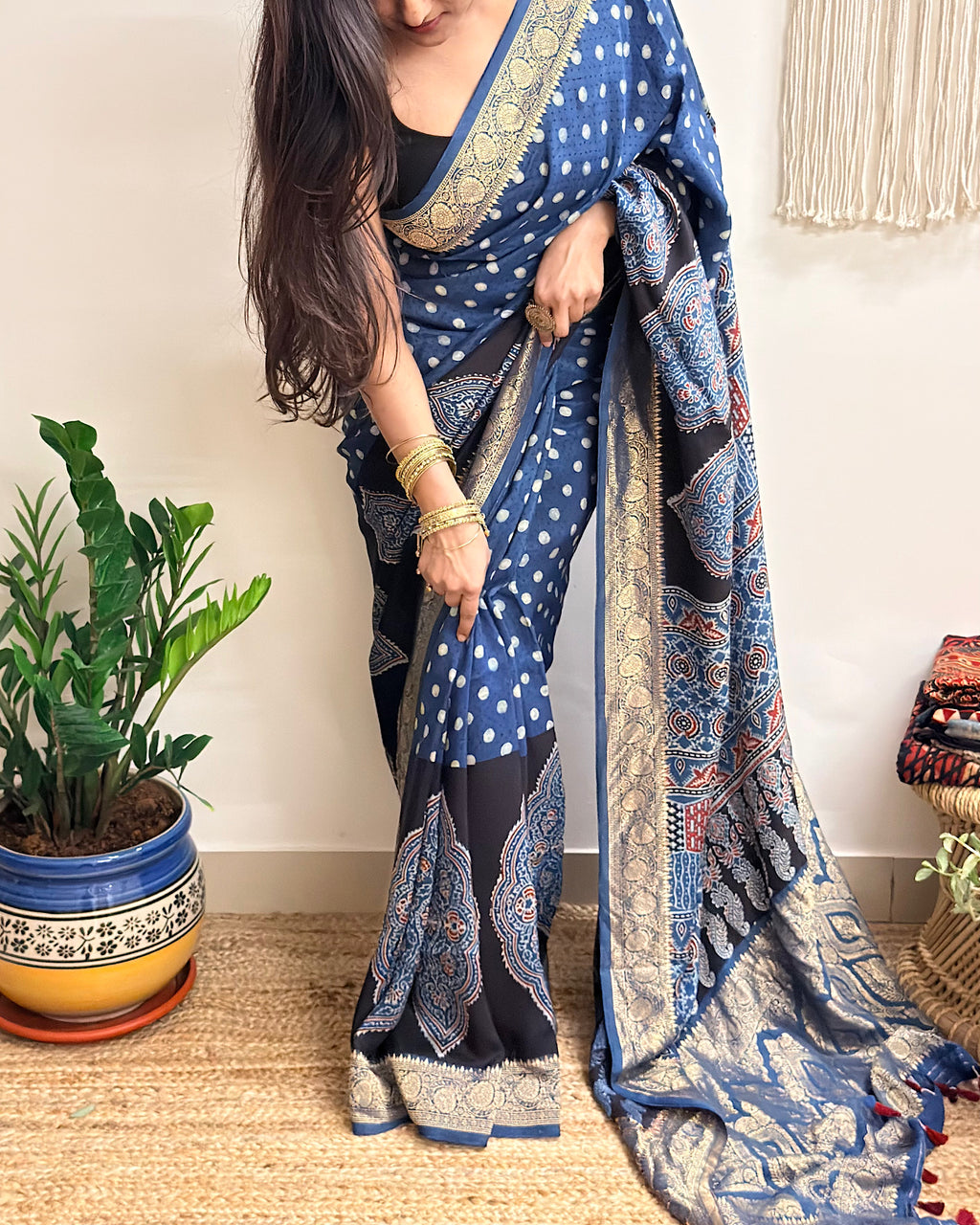 Aasman: Indigo and Black Ajrakh Handblock Printed Dola Silk Saree