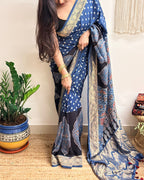 Aasman: Indigo and Black Ajrakh Handblock Printed Dola Silk Saree