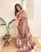 Sukoon: Cream Checkered Ajrakh Handblock Printed Mul Cotton Saree