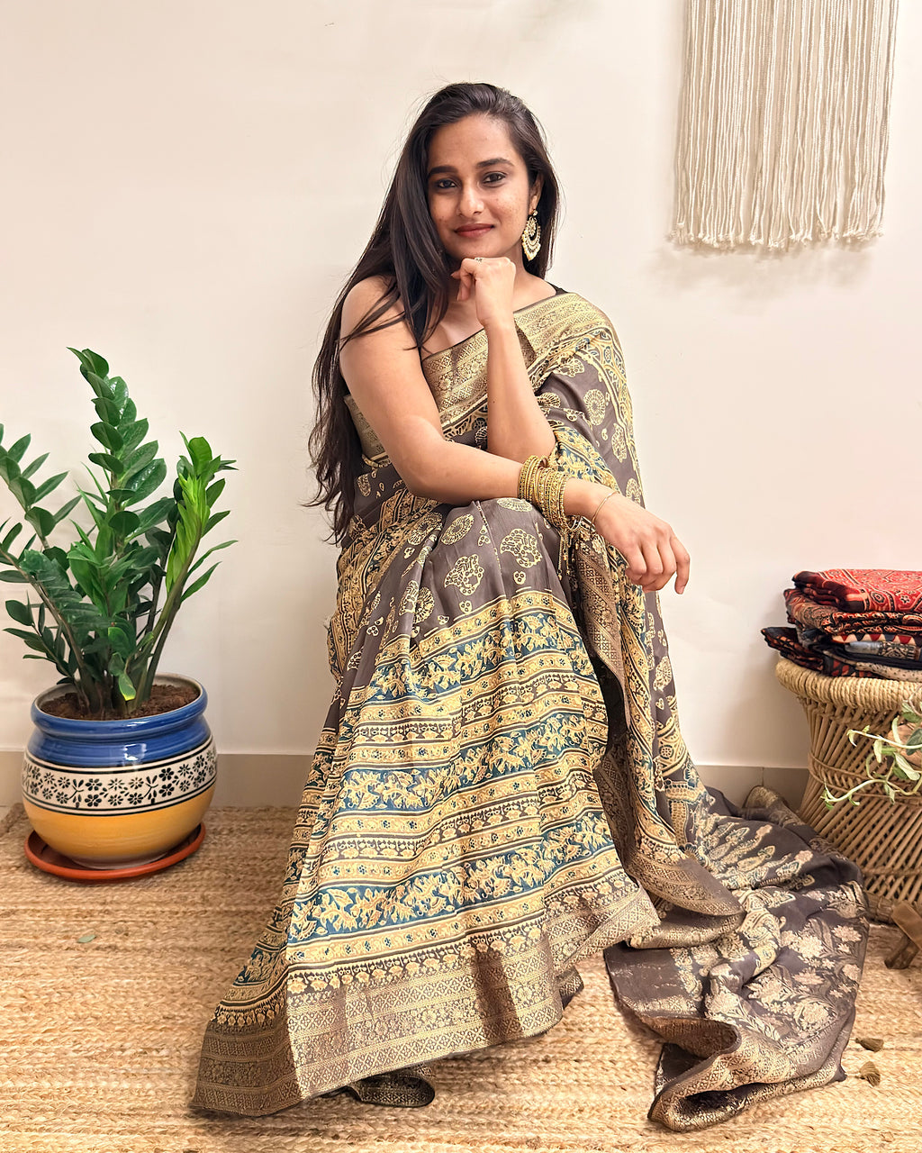 Jashn: Olive Grey Ajrakh Handblock Printed Dola Silk Saree